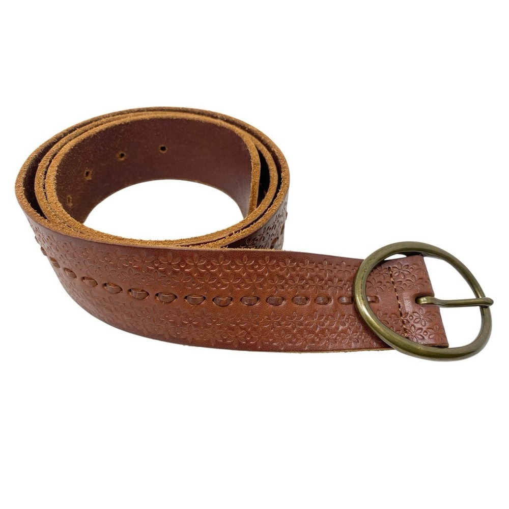 Womens Bohemian Floral Embossed Soft Belt Oval Brass Tone Buckle Size 34" - 41"